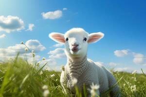 süß Lamm auf Grün Gras unter Blau Himmel mit Weiß Wolken. ai generiert foto