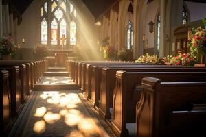 Innere von ein Kirche mit ein Menge von Blumen im das Vordergrund.Beerdigung Konzept ai generiert foto