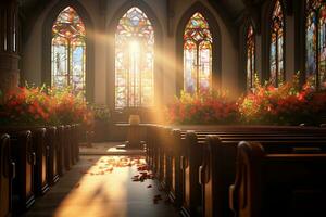 Innere von ein Kirche mit ein Menge von Blumen im das Vordergrund.Beerdigung Konzept ai generiert foto