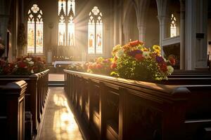 Innere von ein Kirche mit ein Menge von Blumen im das Vordergrund.Beerdigung Konzept ai generiert foto