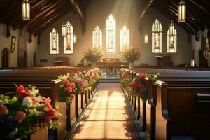 Innere von ein Kirche mit ein Menge von Blumen im das Vordergrund.Beerdigung Konzept ai generiert foto