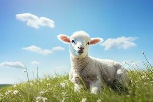 süß Lamm auf Grün Gras unter Blau Himmel mit Weiß Wolken. ai generiert foto