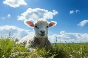 süß Lamm auf Grün Gras unter Blau Himmel mit Weiß Wolken. ai generiert foto