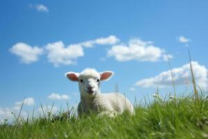 süß Lamm auf Grün Gras unter Blau Himmel mit Weiß Wolken. ai generiert foto