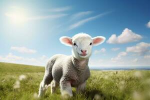 süß Lamm auf Grün Gras unter Blau Himmel mit Weiß Wolken. ai generiert foto