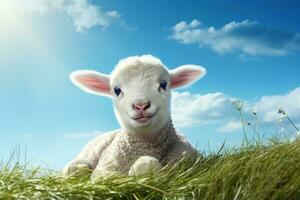 süß Lamm auf Grün Gras unter Blau Himmel mit Weiß Wolken. ai generiert foto