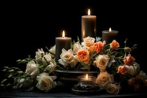 schön Blumen und Kerzen auf schwarz Hintergrund.Beerdigung Konzept ai generiert foto