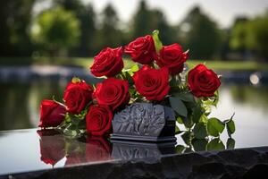 rot Rosen auf schwarz Granit Grabstein im das Park, Beerdigung Konzept ai generiert foto