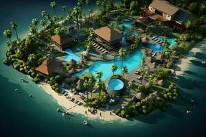 schön Luxus Hotel mit Palme Bäume und Pools auf das Küste. Konzept von Urlaub, Reise. generativ ai foto