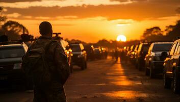 Silhouette von ein Soldat Stehen im Vorderseite von ein Reihe von Autos beim Sonnenuntergang. ai generiert. foto