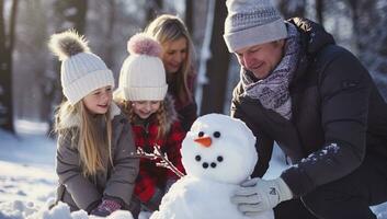 Familie Gebäude ein Schneemann im ein Park. ai generiert. foto