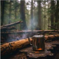 Camping Becher durch das Feuer generiert mit ai foto