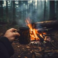 Camping Becher durch das Feuer generiert mit ai foto