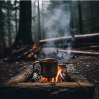 Camping Becher durch das Feuer generiert mit ai foto