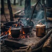 Camping Becher durch das Feuer generiert mit ai foto