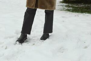 Beine von ein jung Frau im schwarz Hose und modisch stilvoll schwarz Leder Winter Knöchel Stiefel auf das öffnen Schnee. Winter Schuhe, Kleidung. foto