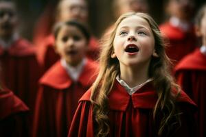 Singen Chor Kind im rot Kleidung. generieren ai foto