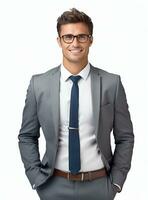 ai generativ glücklich Geschäft Mann im ein passen Weiß Hintergrund foto