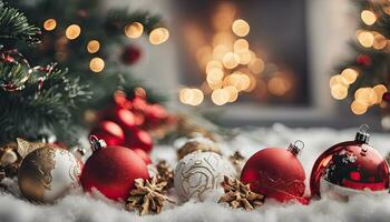 ai generativ Weihnachten Dekoration mit Verbrennung Kerzen, Lebkuchen Haus, Weihnachten Baum und Bokeh Hintergrund. foto