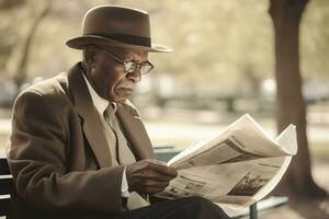 alt schwarz Mann lesen Zeitung. generieren ai foto