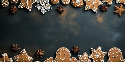 ai generiert eben legen, Weihnachten Komposition mit Lebkuchen Kekse auf ein dunkel Hintergrund mit Raum zum Text. Winter, Neu Jahr, Ferien foto