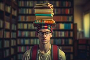 jung Schüler im Brille mit Bücher im Buchhandlung. generieren ai foto