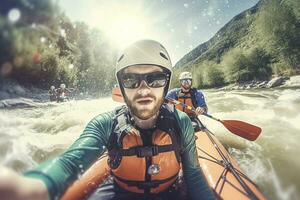 Fluss Rafting Mann Nahansicht Selfie. generieren ai foto