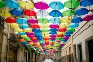 bunt Regenschirm Stadt Straße. generieren ai foto