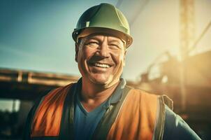 Lächeln Konstruktion Arbeiter im Helm. generieren ai foto