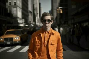 Neu York Mann Orange Stil passen mit Sonnenbrille. generieren ai foto
