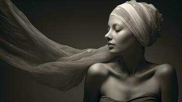 Umarmen Stärke im grau Töne auf Welt Krebs Tag. ein Frau, Kopf geschmückt mit ein Schal, steht belastbar gegen ein stumm geschaltet Hintergrund. ai generiert foto