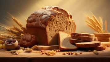 Brot und Weizen auf ein Tabelle mit ein Licht hinter Es. ai generiert foto