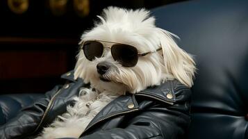 ein klein Weiß Hund tragen Sonnenbrille und ein Leder Jacke. ai generiert foto