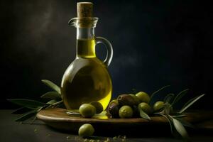 Olive Öl Flasche auf Studio Tisch. generieren ai foto