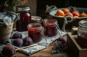 Pflaume Marmelade Krug rustikal Küche. generieren ai foto