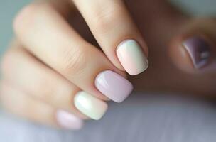 Pastell- Farbe von Nagel Polieren Schönheit Nahaufnahme. generieren ai foto