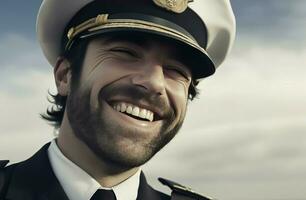 glücklich Pilot lächelnd Porträt Reise. generieren ai foto