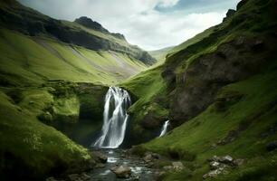 Wasserfall Island Berge. generieren ai foto