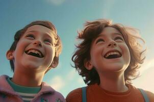 Junge und Mädchen Lachen beim Blau Himmel. generieren ai foto