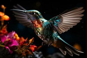 bunt Kolibri hochfliegend durch Bokeh Hintergrund. ai generativ foto