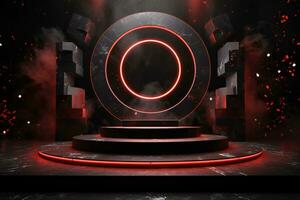 3d rot Neon- Podium mit Kreis glühen Licht. ai generativ foto