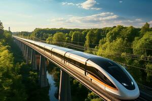 ai generiert ein schön modern Passagier Zug Fahrten auf ein Eisenbahn Brücke in der Nähe von das Stadt. generiert durch künstlich Intelligenz foto