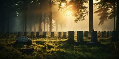 ein Friedhof zum das tot mit Reihen von heilig Grabsteine. jeder Zeichen erzählt ein Geschichte. das Konzept von das Erbe von jene hat verloren im Krieg durch generativ ai. foto