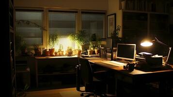 persönlich Büro beim Nacht Stunde mit voll von Grün Pflanze. ai generiert. foto