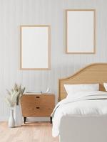 Schlafzimmer mit Bett und Bilderrahmen an der Wand montiert. 3D-Stil. foto