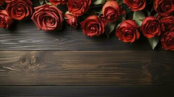 Rose auf Holz Tisch, Draufsicht, generativ ai foto