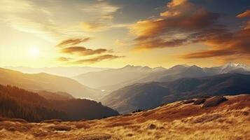 Berg Landschaft beim Sonnenuntergang, generativ ai foto