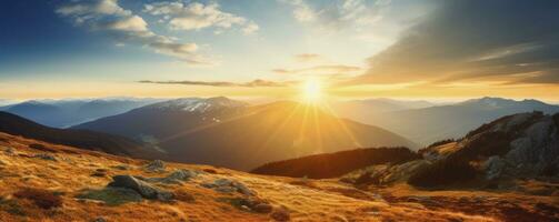 Berg Landschaft beim Sonnenuntergang, generativ ai foto