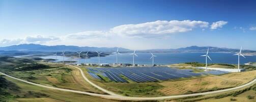 ökologisch von Photovoltaik Leistung Pflanze und Wind Turbine Bauernhof gelegen durch Deponie.Solar Paneele Bauernhof gebaut auf ein Abfall Dump und Wind Turbine Bauernhof. verlängerbar Energie Quelle, generativ ai foto