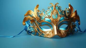 festlich venezianisch Karneval Maske mit Gold Dekorationen auf dunkel Blau Hintergrund.. generativ ai foto